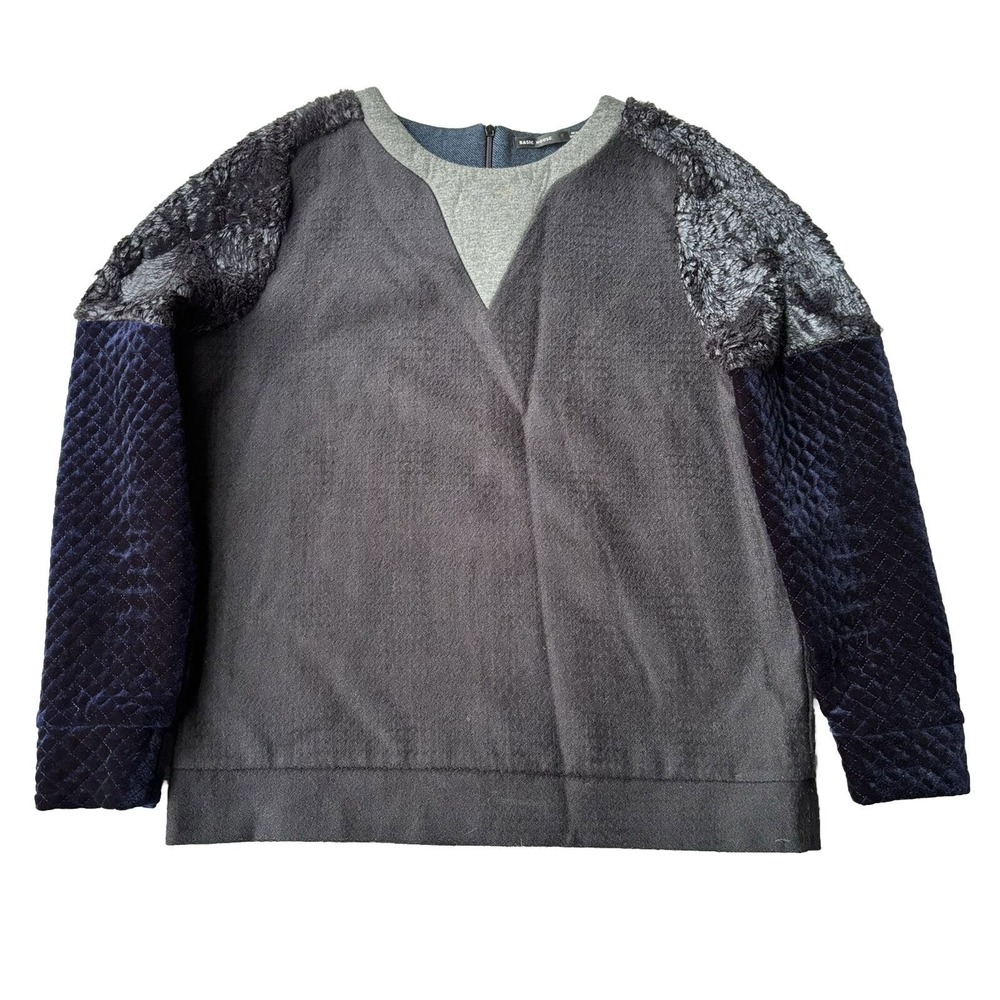 Basic House Sweater Sz M Long Sleeve Pullover Crushed Velvet Faux Fur Blue Grey